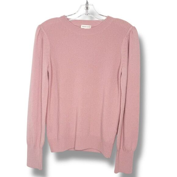 REBECCA TAYLOR 100% Cashmere Sweater Crew Neck Puff Sleeve Ribbed Pink Size L - Picture 1 of 8
